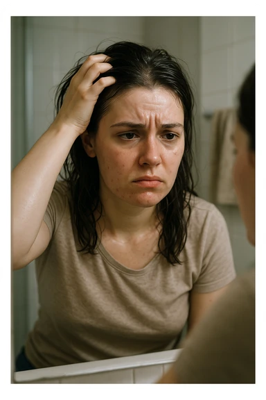 A realistic, cinematic portrait of a young woman in her late 20s sitting in front of a mirror, visibly frustrated. Her skin appears oily with a shiny forehead and cheeks, while her dark hair looks greasy and clumped, suggesting excessive sebum production. She lightly touches her scalp with concern while observing her reflection. Her expression is a mix of exhaustion and discomfort, emphasizing the emotional burden of these symptoms. The bathroom setting is softly lit with neutral daylight, reflecting a realistic environment. Subtle details such as small acne spots on the jawline and chin highlight androgen-related PCOS symptoms. Style: clean, detailed, 35mm realism with soft depth of field to keep focus on her expression and the greasy hair texture, while the background remains minimal to maintain emotional impact sticker