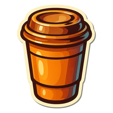 retro sticker-style illustration of a to-go coffee cup with a lid, bold outlines, juicy colors, expressive shadows and highlights, playful and glossy look, inviting and fun sticker