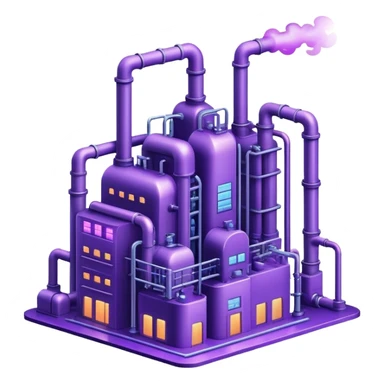 AI-powered factory. It should be a building with pipes. Add violet glowing symbolizing power of AI sticker