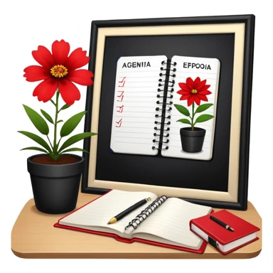 Cartel en español que diga F U E R A    D E    O F I C I N A y detrás un escritorio moderno, con una notebook, una agenda y una planta con una flor sticker