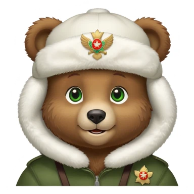 Adorable brown bear cub with innocent green eyes and gentle smile, pure white fluffy ushanka hat with prominent Russian Federation emblem, iOS emoji style sticker