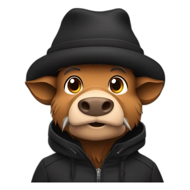 fullface wild tired brown boar with stubble in a black jacket and a black winter hat sticker