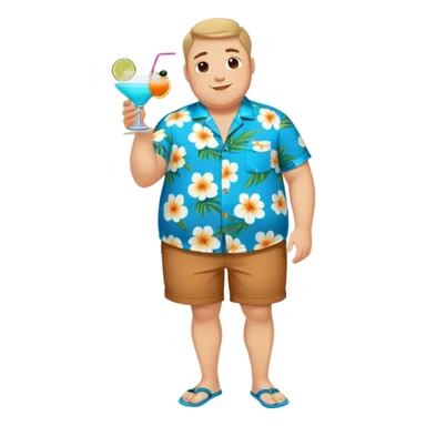 chubby guy full figure in a flowered azure havai shirt, brown shorts and flippers holding a cocktail sticker