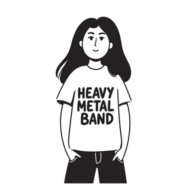 A person with long black hair, wearing a heavy metal band shirt, with a cool smirk on their face sticker
