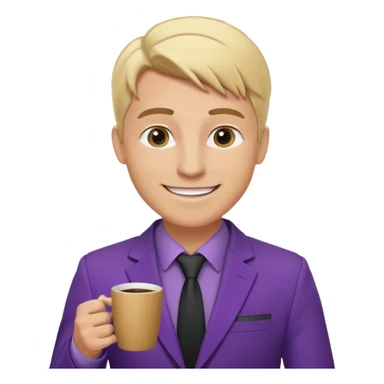 Confident and outgoing male entrepreneur, Caucasian features, blonde hair, big friendly smile, expressive eyes, defined eyebrows, wearing a purple blazer over a black shirt, holding a smartphone in one hand and a coffee cup in the other, waist-up, front-facing sticker