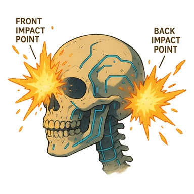 a skull exploding, anatomical diagram, front and back impact points, cyberpunk futuristic sticker