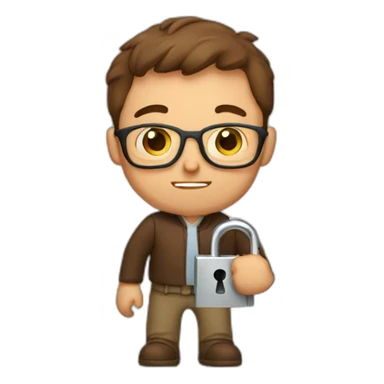 brown-short-haired man with glasses, struggling to fit a key into a lock door sticker