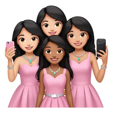 Just 3 besties with professional glammed up looks wearing pink and white, medium skin tone smiling big with black long hair. Very girly wearing jewelry, taking a selfie  sticker