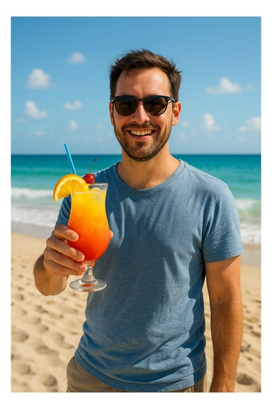 take this picture of a man and make it  beach photo with drink sticker