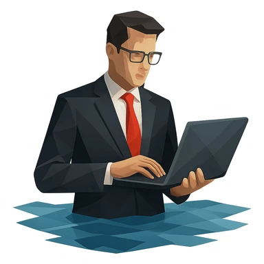 Businessman in black suit and glasses stands waist-deep with computer sticker