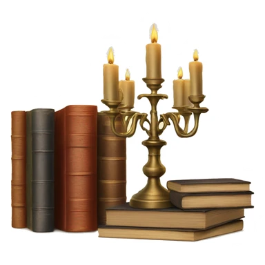 Vintage candelabra with stack of old books behind sticker