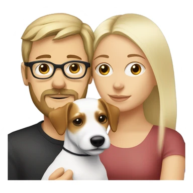White blonde girl and a white men with brown hair, glasses, a little Beard and moustache, both cuddling a jack Russell sticker