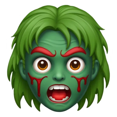 emoji de zumbi estilo WhatsApp, cabeça verde, cabelo cacheado vermelho volumoso, olhos brancos brilhando, expressão divertida e assustadora, cartoon, linhas limpas, fundo transparente, qualidade alta sticker