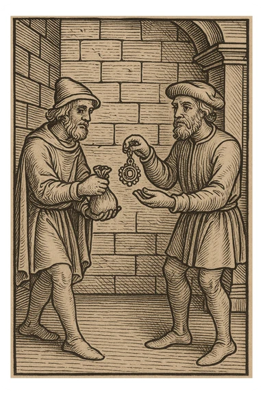 Сгенерируй мне гравюру, как в средневековье один мужчина дает другому мешочек, а другой украшение другому, они торгуют sticker