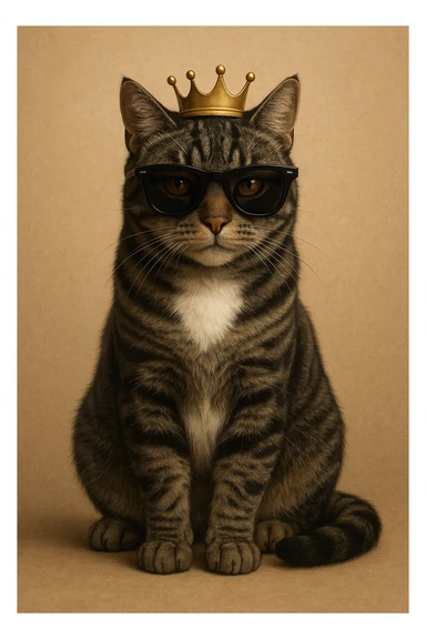 photo-realistic digital illustration of a Mackerel tabby cat with dark grey fur, narrow black stripes, amber eyes, and a distinct white patch on its chest. The cat is sitting naturally and calmly, facing slightly forward. A small golden crown rests on its head, and it is wearing black sunglasses. The cat appears lifelike, highly detailed, and realistic. sticker