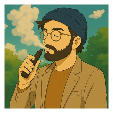 Make the guy vaping look more hipster by adding features like a beard, glasses, and trendy clothes in Ghibli style. Keep the background as is. sticker