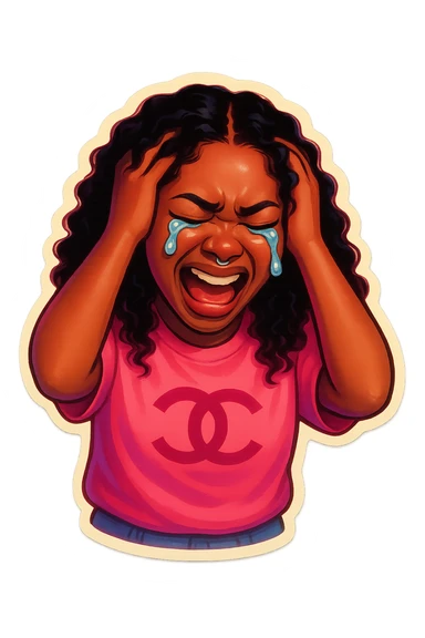  laughing with Tears rolling down face 
Mouth Pout
hands on head 
pink chanel shirt 
head down
 sticker