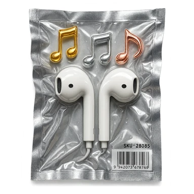 pair of white EarPods with three floating glass music notes in gold, silver, and rose gold, shiny and puffy sticker