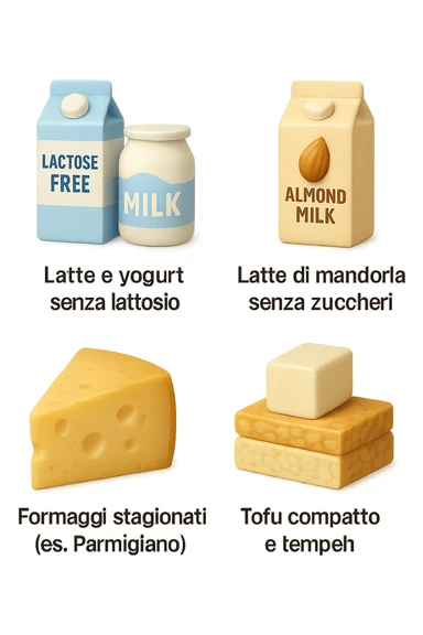 emoji stile iphone 3d di questi elementi che fluttuano in aria:

Latte e yogurt delattosati
Latte di mandorla (non zuccherato)
Latte di soia da proteine isolate
Formaggi stagionati (es. parmigiano)
Tofu compatto e tempeh
 che fluttuano in aria,  le etichette scrivile in italiano, iperealistico 4k sticker