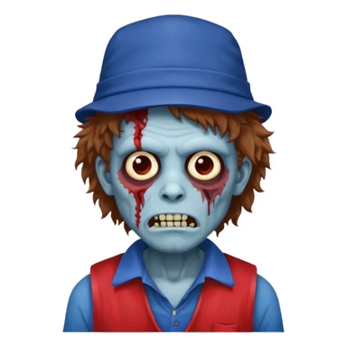 brown fluffy hair zombie with blue and white hat dark blue jilet red t shirt sticker