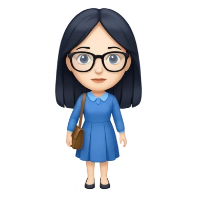pale female teacher with long black hair, wearing glasses and blue dress walking sticker