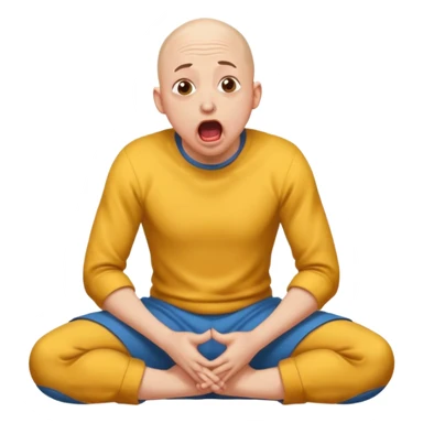 Bald masochist on his knees, frightened with his tongue out, looking up sticker