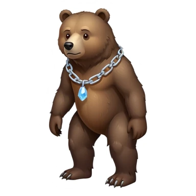 Very dark brown bear in full body view on all four legs, highly realistic fur texture, serious expression, full-length view with ice chain around neck sticker