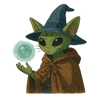 alien cat wizard with a floating orb in a mystical atmosphere sticker