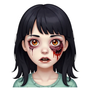 Zombie girl, black hair with bangs, slightly wavy,long hair,long eyelashes, black eyes,iOS style sticker