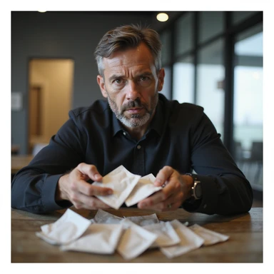 realistic health-conscious man in a wellness center, decisively discarding sugar packets, firm expression, dark aura around sugar packets, modern and bright environment, symbolism of rejecting harmful habits, 4K quality sticker