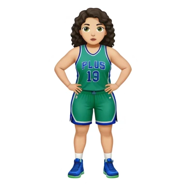 full body plus size light skin latino women basketball player with wavy dark hair large wide nose wearing blue with green uniform sticker