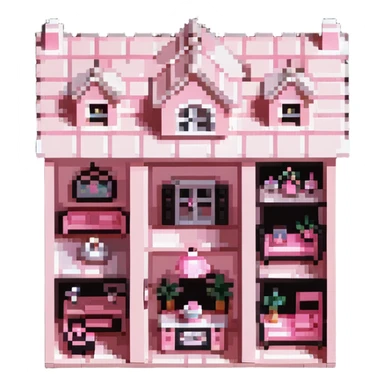 cute pastel pink dollhouse with miniature furniture sticker