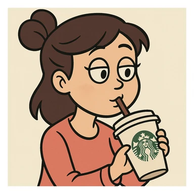 Japanese girl drinking a Starbucks coffee, simple cartoon style, light background sticker