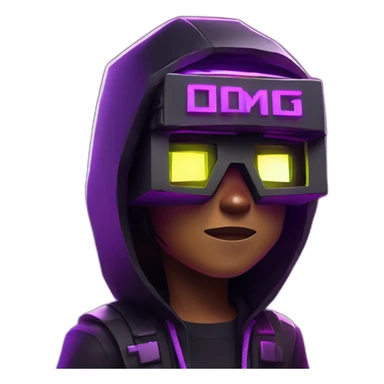 Minecraft hero wearing a black hoodie with "OMG" letters on it and VR headset in a cyberpunk VR environment with violet neon lighting. sticker
