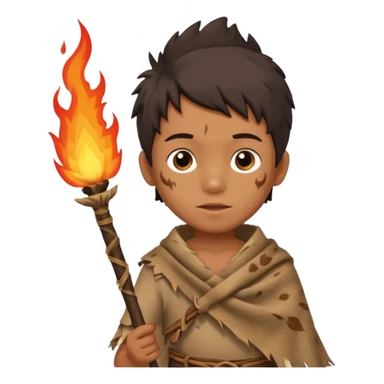 ancient boy, tattered animal skin cloth, hold fire stick sticker