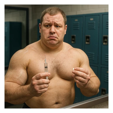 realistic inexperienced bodybuilder in front of mirror holding syringe of testosterone and pill of aromatase inhibitor, doubtful expression, swollen muscles but puffy face, locker room background, 4K quality sticker