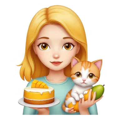 Beautiful girl holding a mango cake and a kitten sticker