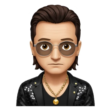Bono with black sequin jacket, black shirt with necklace, dark brown medium hair sticker