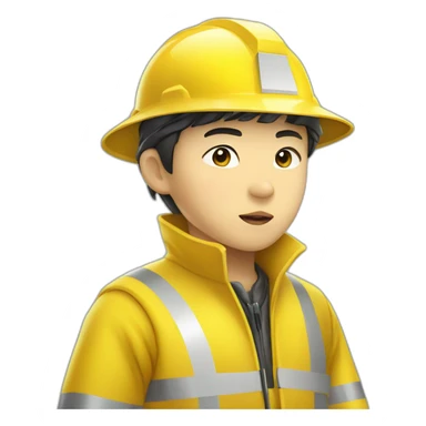 chinese boy with thick lip wearing yellow rain jack and white safety helmet doing inspection sticker