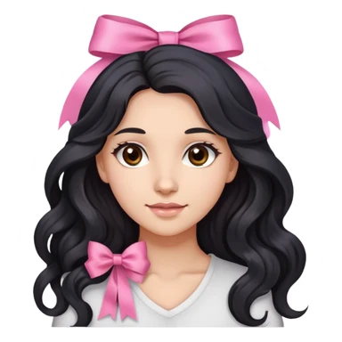 Beautiful girl with long wavy black hair, brown eyes, light skin, slight smile, and pink ribbon in hair sticker