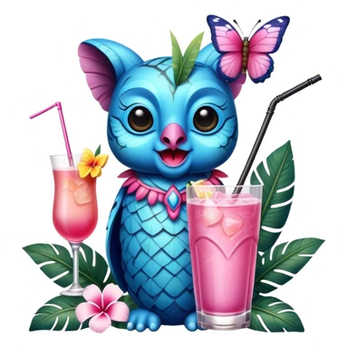 Pixar style little Blue and pink tiki singing with a butterfly and tropical drink, ultra detailed and lifelike imagery, realistic sticker