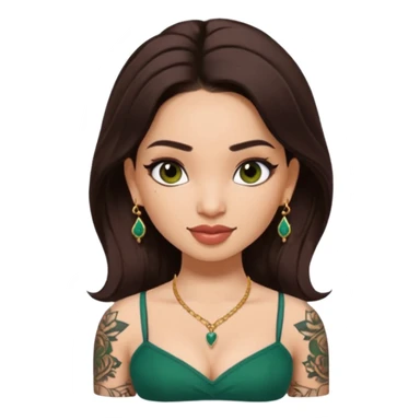 pretty bratz genmoji that looks like tamannah bhatia (bollywood actress), wearing a dark green sweetheart neckline top, dark brown hair, light makeup, no necklace, dangly earrings, side hair part, dark brown eyes, with full tattoos and neck tattoo big sticker
