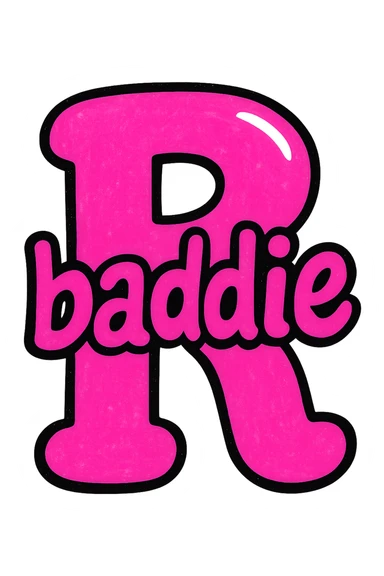 pink bubble letter R with the word 'baddie' written across it, playful bold style sticker