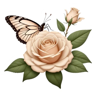 white Ascott tea rose next to a beige aesthetic vintage style leaf and a brown beautiful butterfly sticker