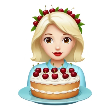 Beautiful woman with bouquet of flowers and lush white cakes with icing and cherries emoji style sticker