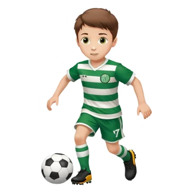 Celtic footballer jersey logo  6 years old brown hair white boy , brown eyes , stripes uniform , RUNNING  with soccer ball # 17 celtic football logo PUT ONLY ONE LOGO ONE CELTIC LOGO ONLY  sticker