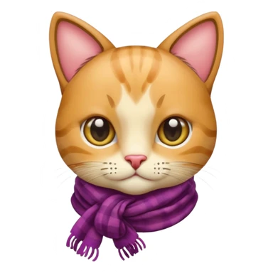 apple emoji style cat head, smooth and rounded, different fur color and pattern, large eyes with different colors, wearing a scarf with a unique accessory like a pin or brooch, no glasses, focus on accessories, no body parts sticker