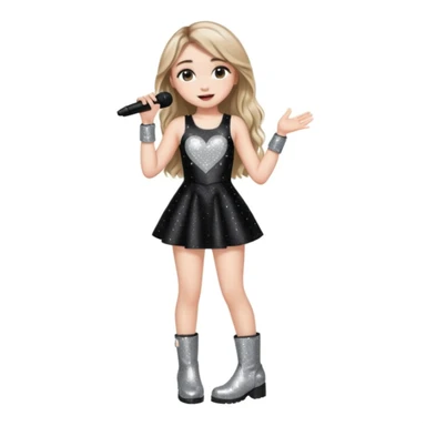 Sabrina carpenter singing at a concert wearing a black sparkly mini dress with silver at the end, with silver sparkly boots with heart cut out on the side sticker