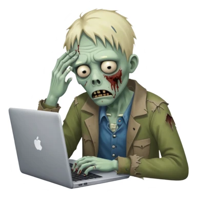 A tired sad zombie behind a laptop sticker