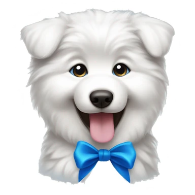 Samoyed puppy with big eyes and tongue smiling with blue Ribbon 
 sticker
